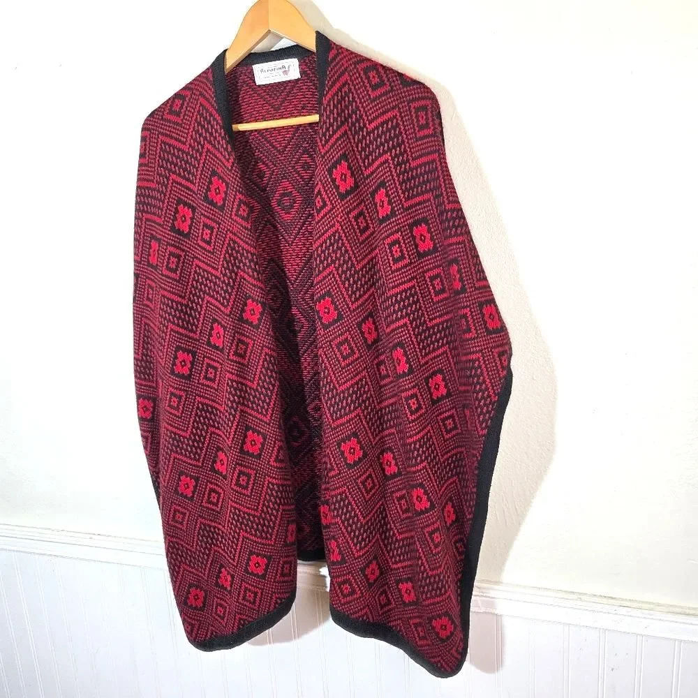 Alpafina Alpaca Shawl Wrap Red Black Geometric Poncho Cape One Size Peru